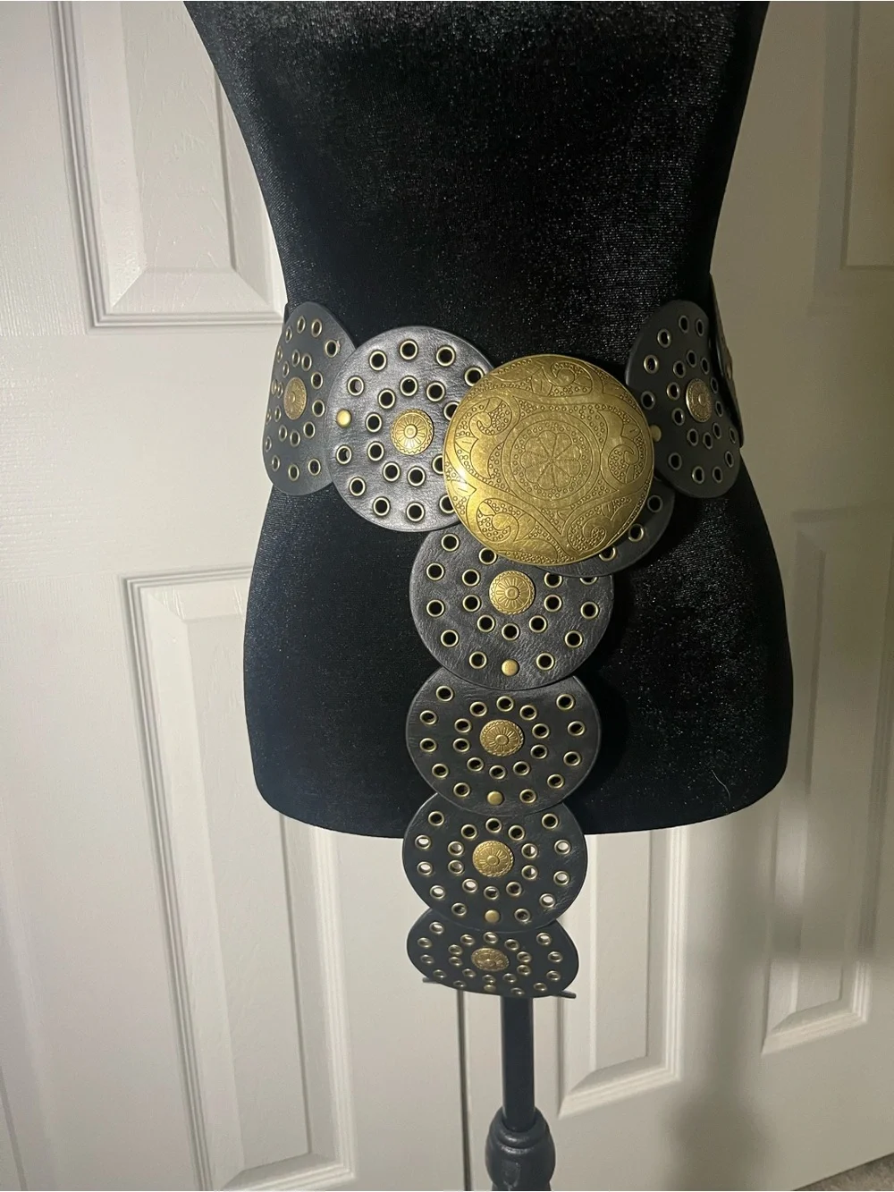 Statement Black Leather Waist Belt with Gold Medallions